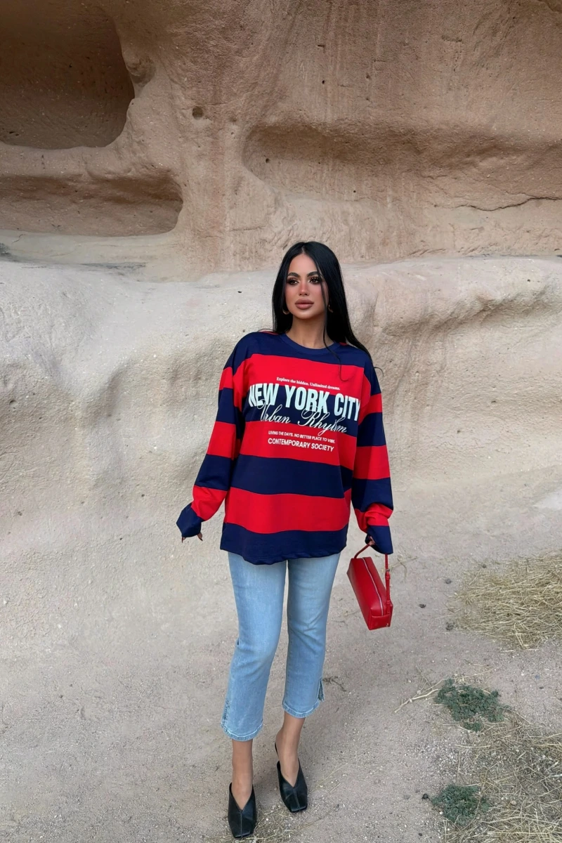 Lacivert Dreams Çizgili Sweat