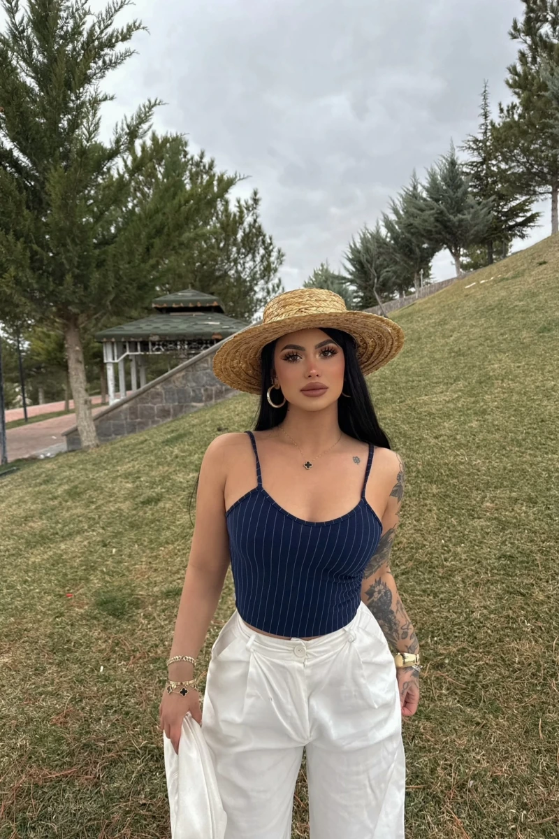 Lacivert İp Askılı Çizgili Büstiyer
