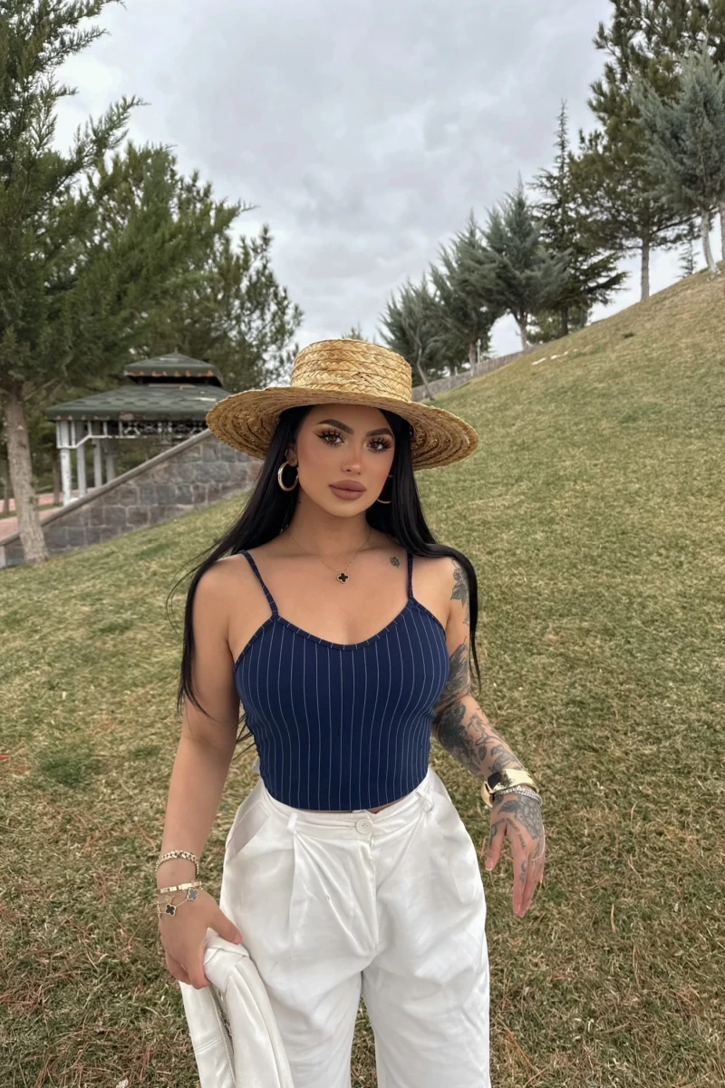 Lacivert İp Askılı Çizgili Büstiyer