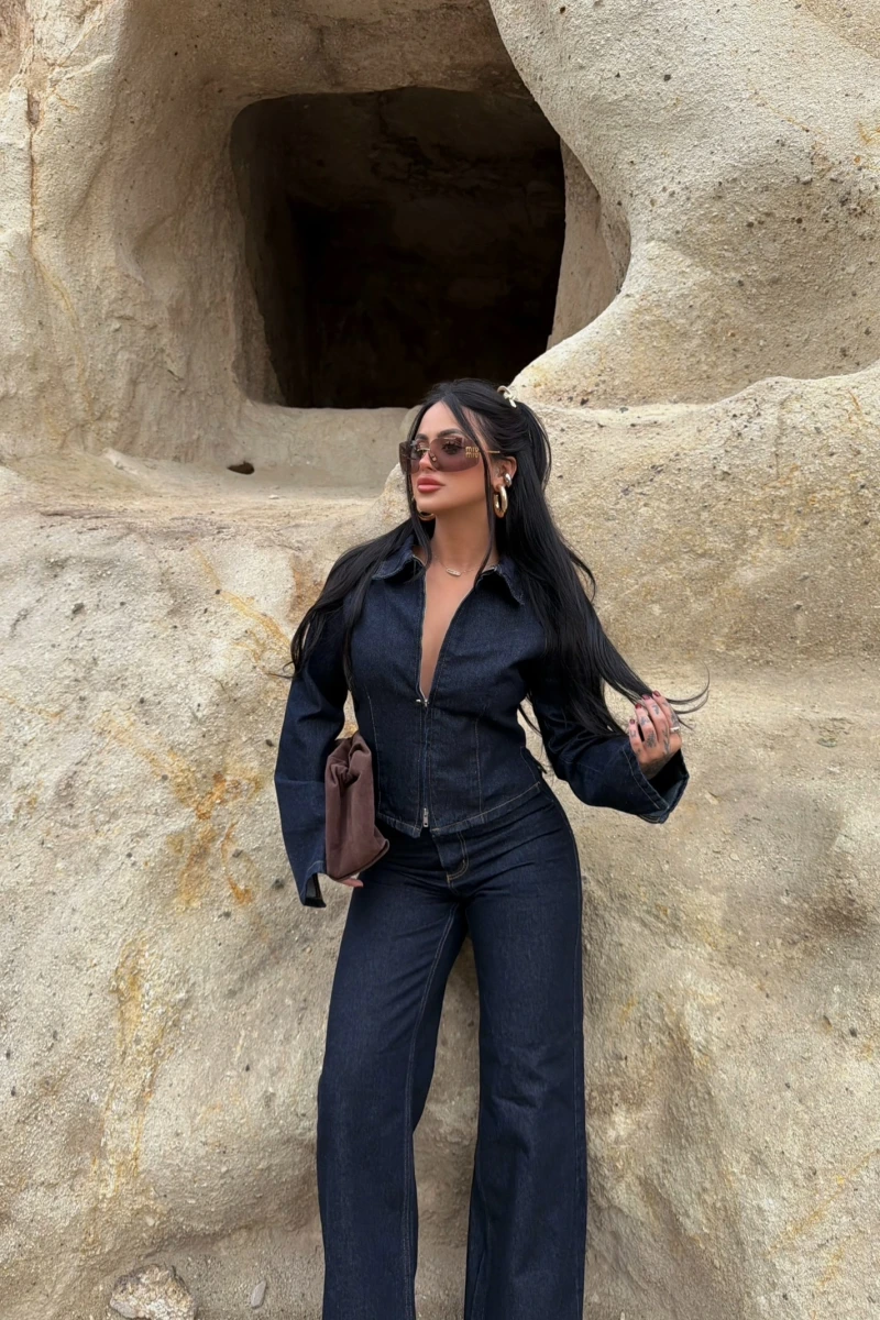Lacivert Lara Fermuarlı Denim Takım