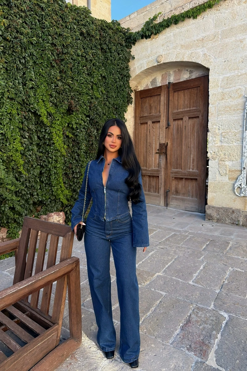 Lara Fermuarlı Denim Takım