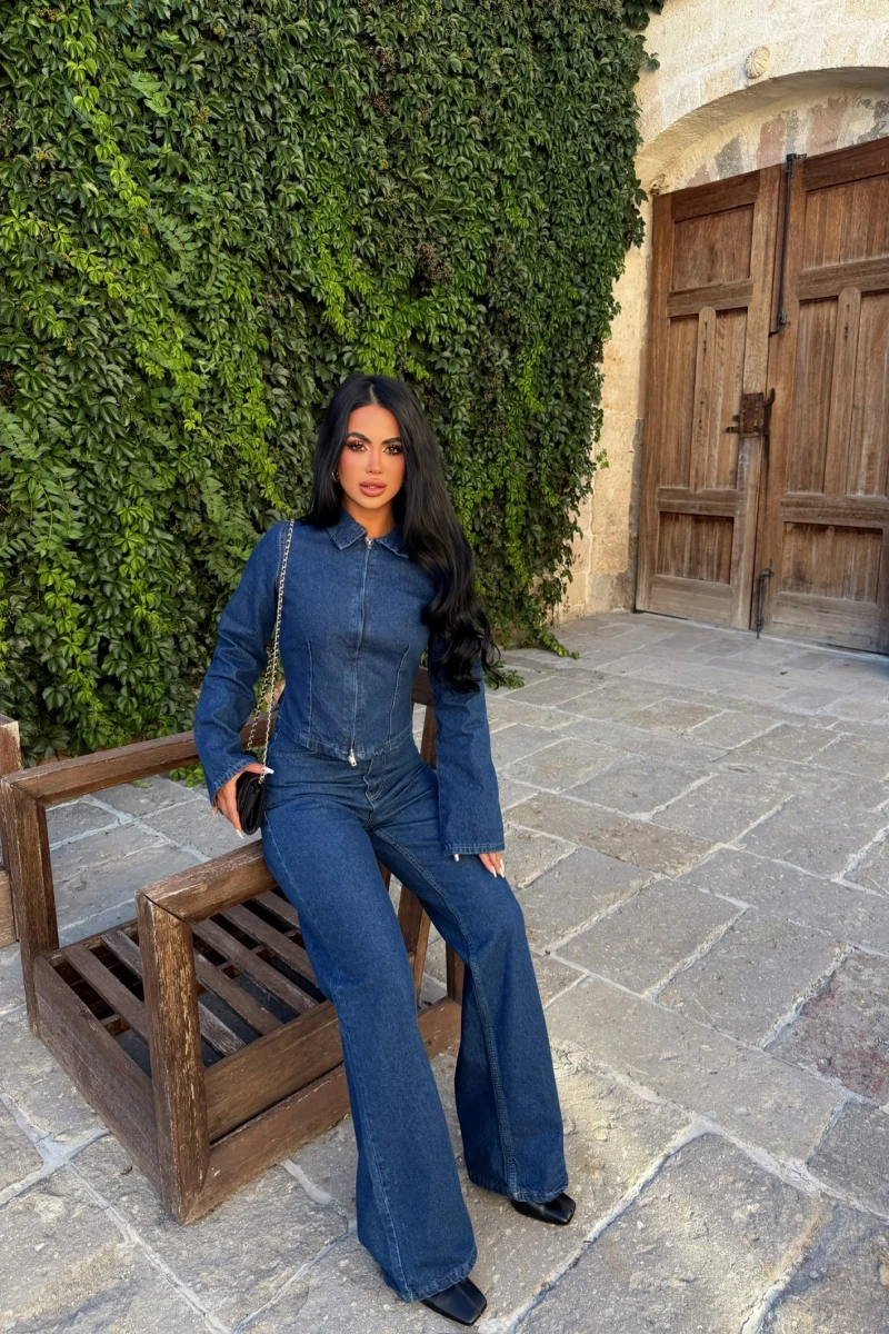 Lara Fermuarlı Denim Takım