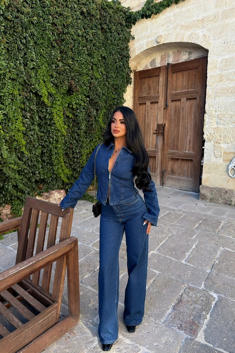 Lara Fermuarlı Denim Takım