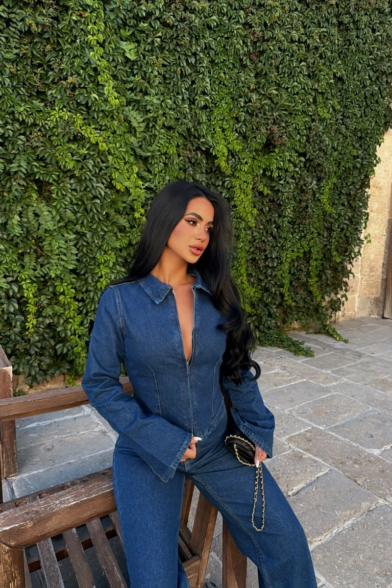 Lara Fermuarlı Denim Takım