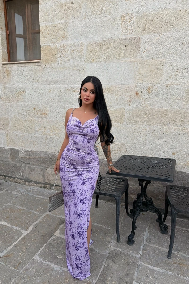 Lila Sırt Zincirli Flowers Elbise