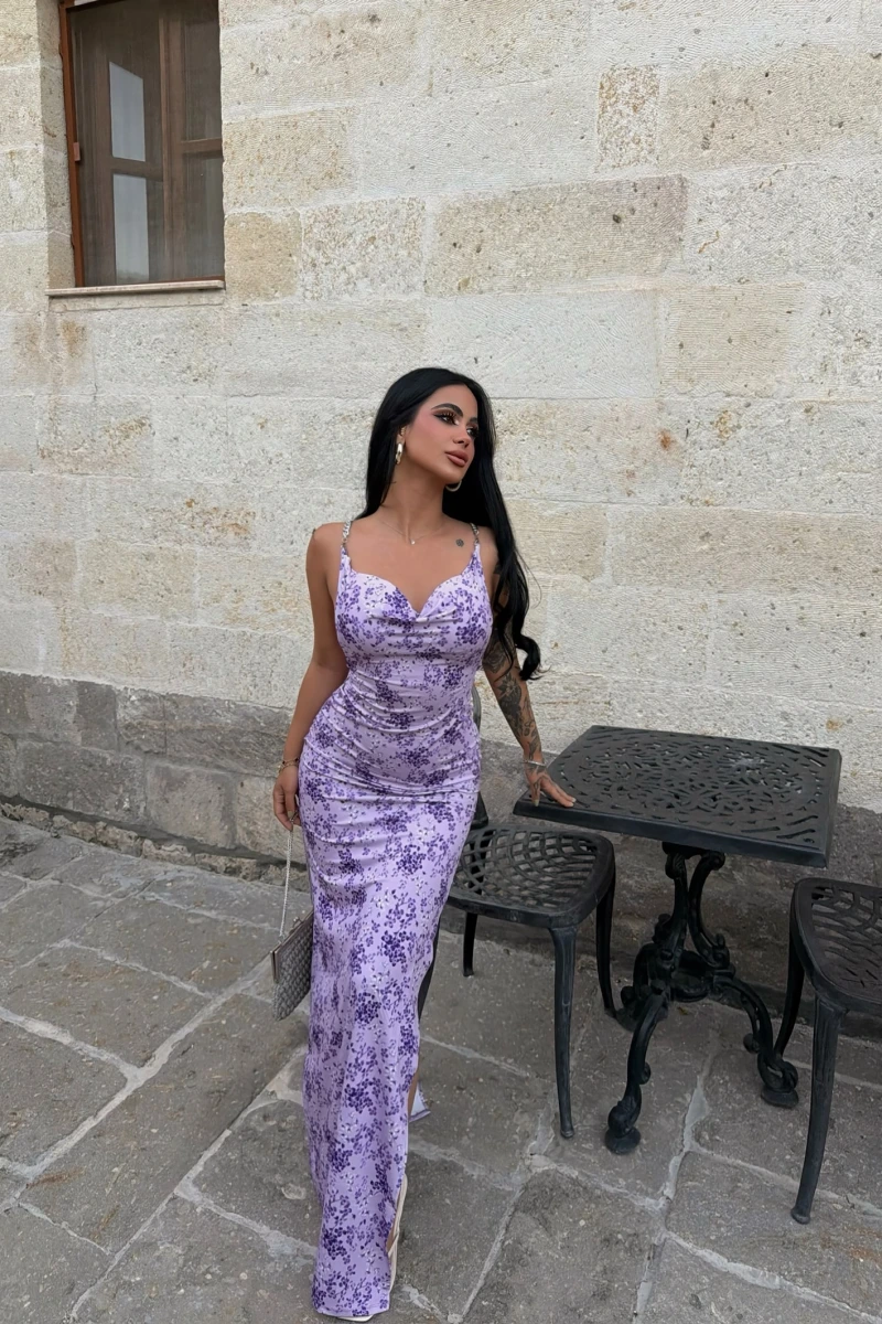 Lila Sırt Zincirli Flowers Elbise