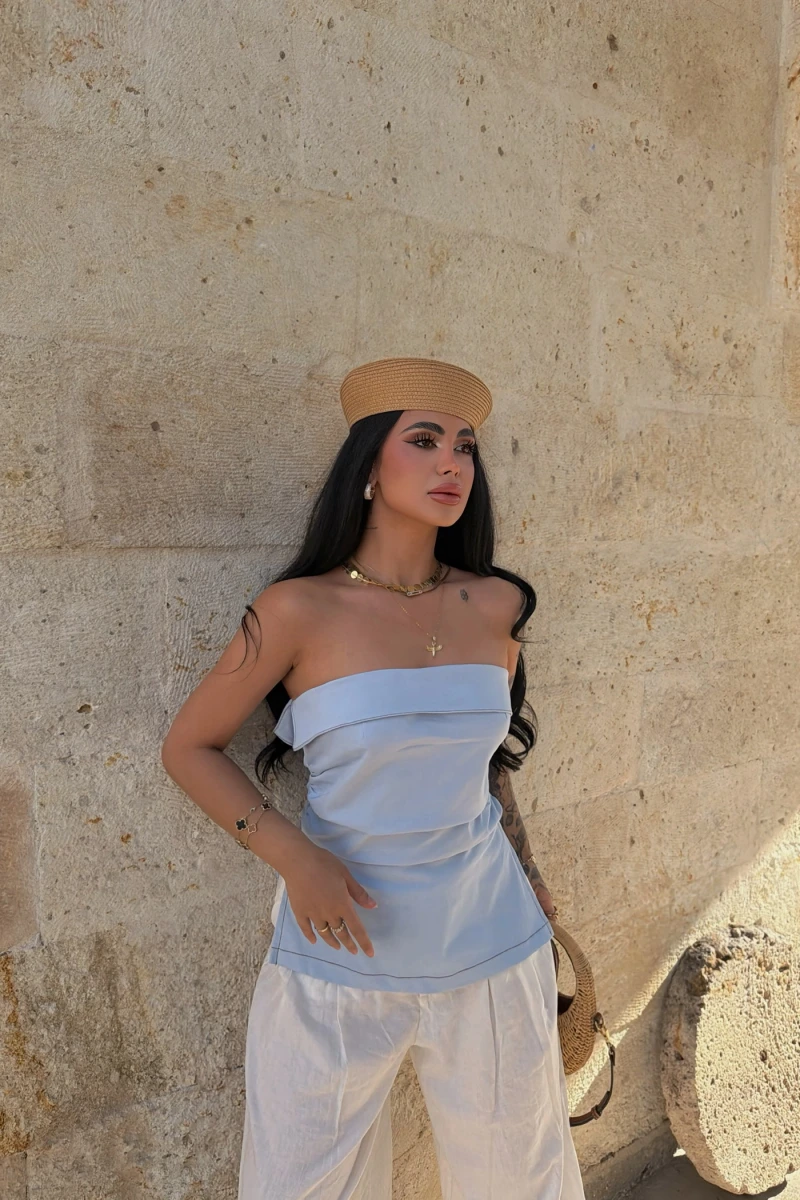 Mavi Çift Yırtmaçlı Denim Straplez