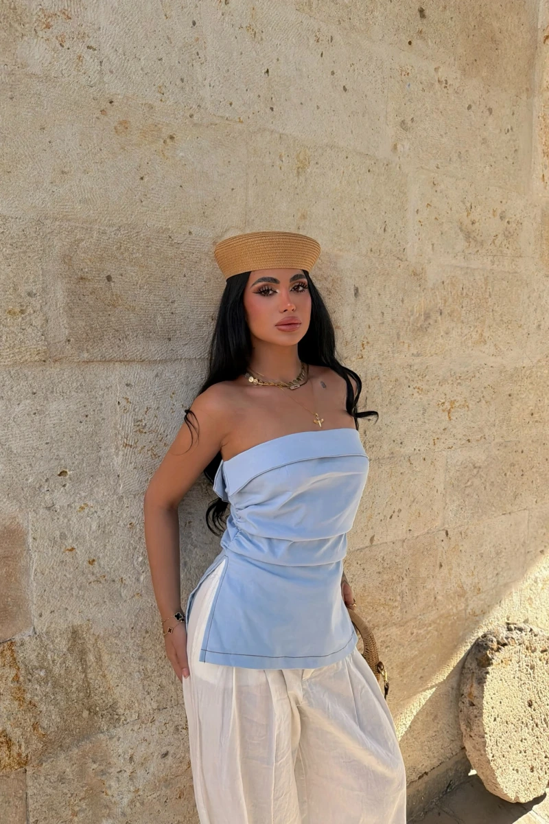Mavi Çift Yırtmaçlı Denim Straplez