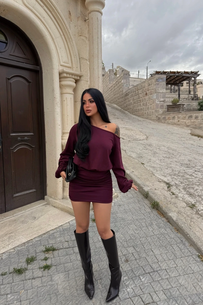 Mürdüm Modal Düşük Omuz Elbise