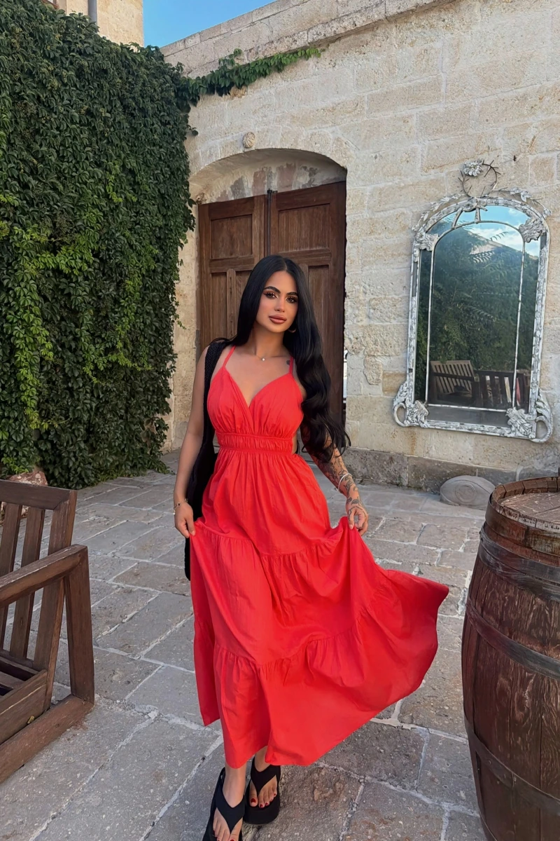 Nar Çiçeği Mirelle Askılı Keten Elbise