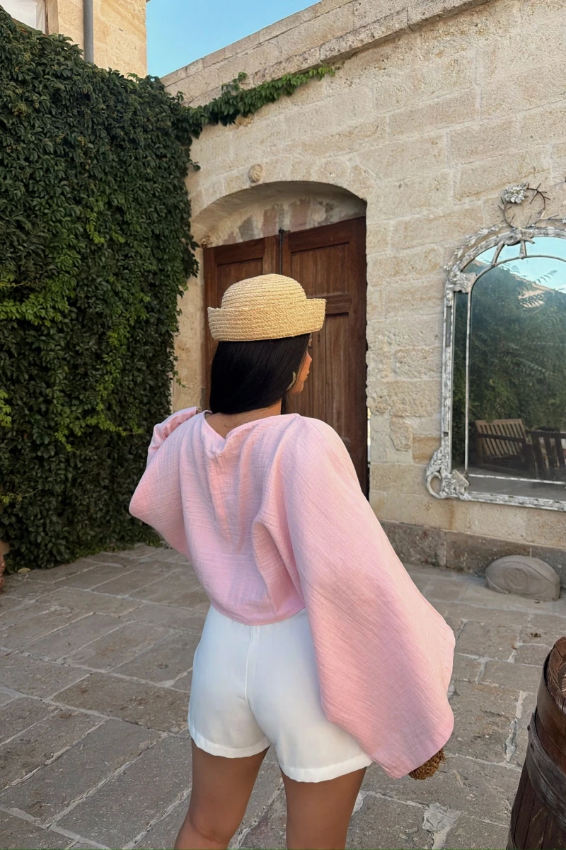 Pembe Balon Kollu Pelerin Bluz