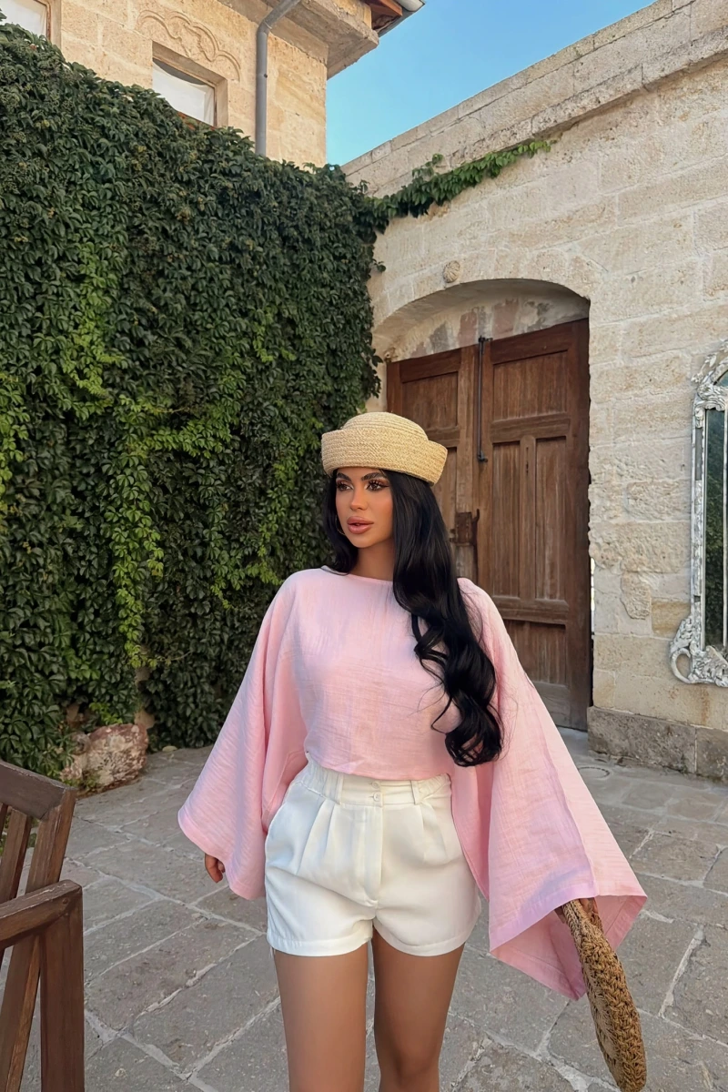 Pembe Balon Kollu Pelerin Bluz