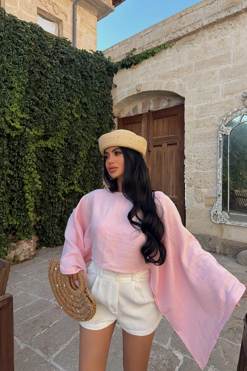 Pembe Balon Kollu Pelerin Bluz
