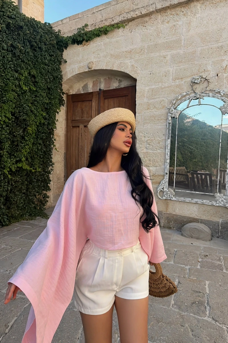 Pembe Balon Kollu Pelerin Bluz