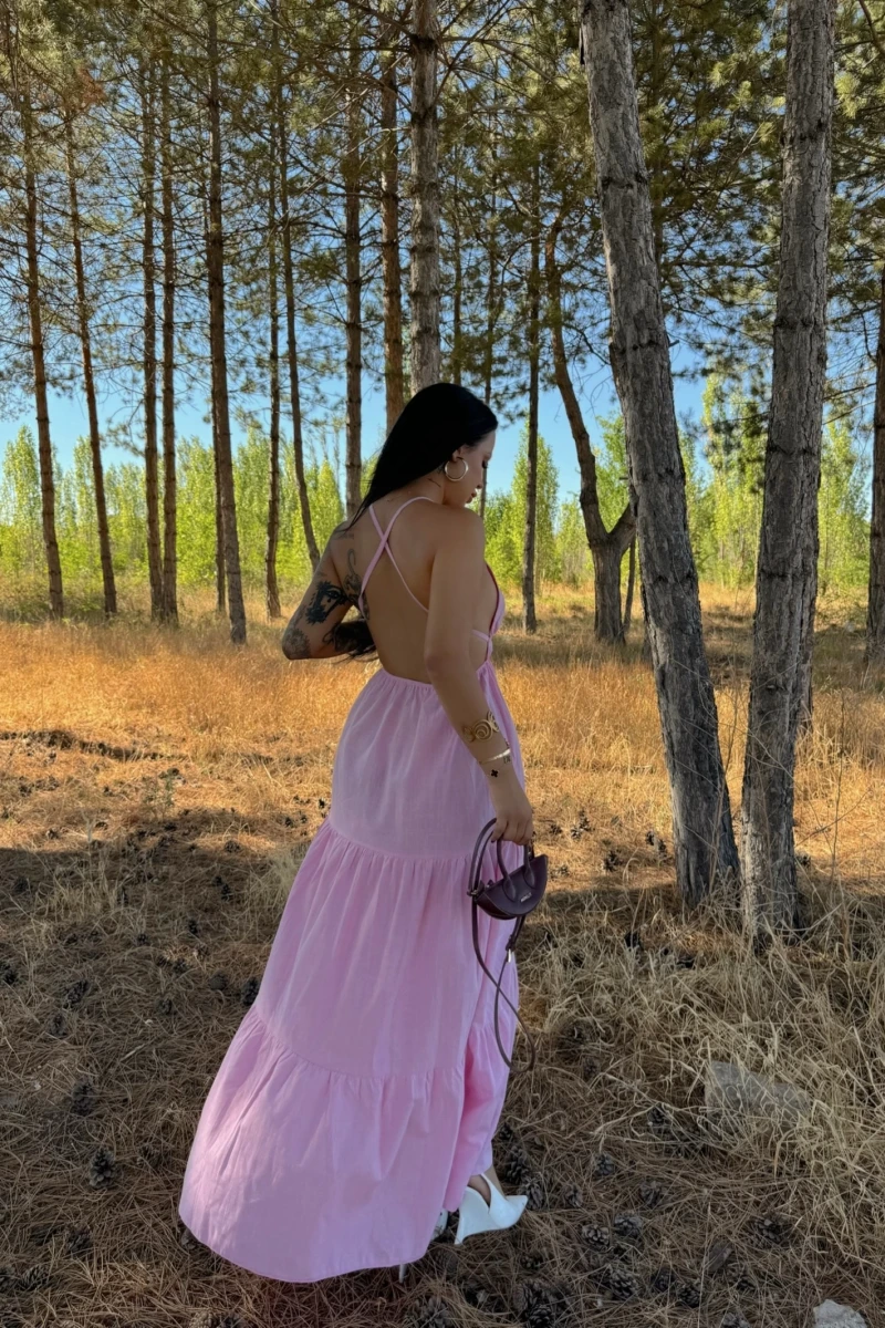 Pembe Askılı İnci Keten Elbise