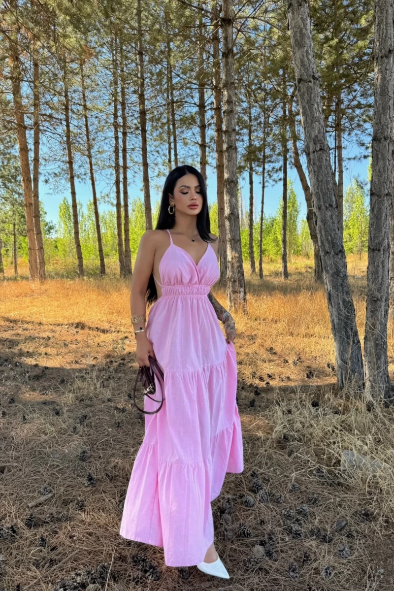 Pembe Askılı İnci Keten Elbise