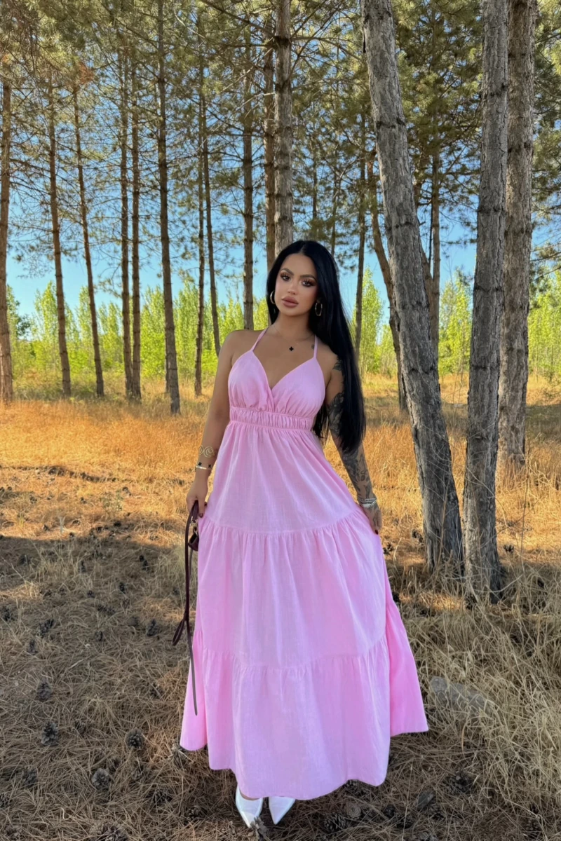 Pembe Askılı İnci Keten Elbise