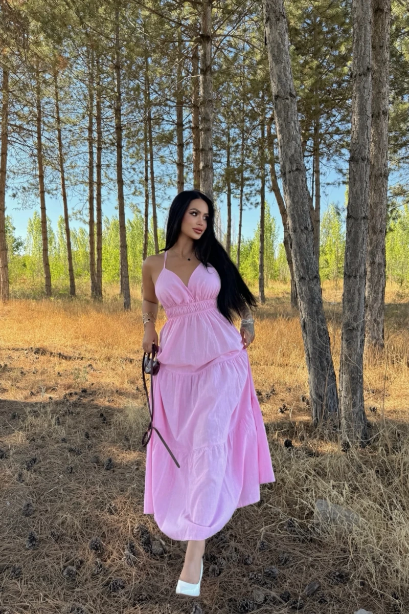 Pembe Askılı İnci Keten Elbise