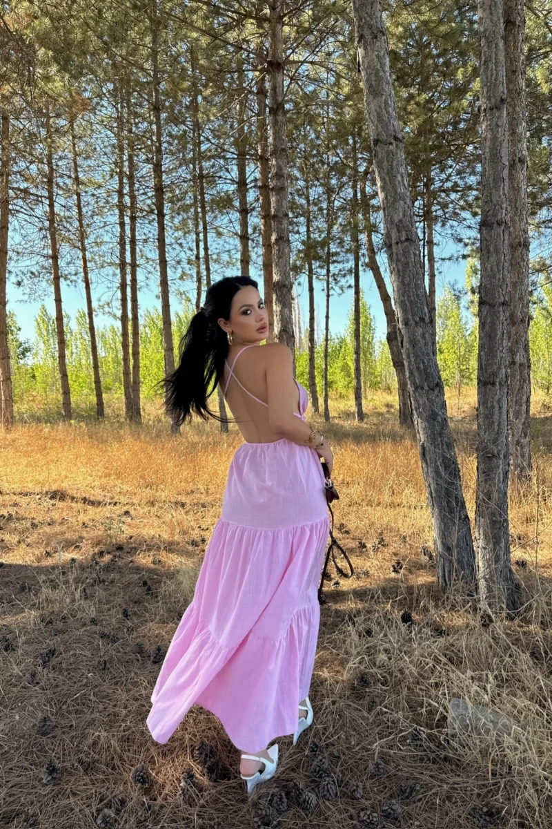 Pembe Askılı İnci Keten Elbise