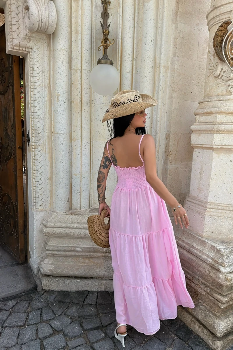 Pembe Bohem Maxi Katlı Elbise