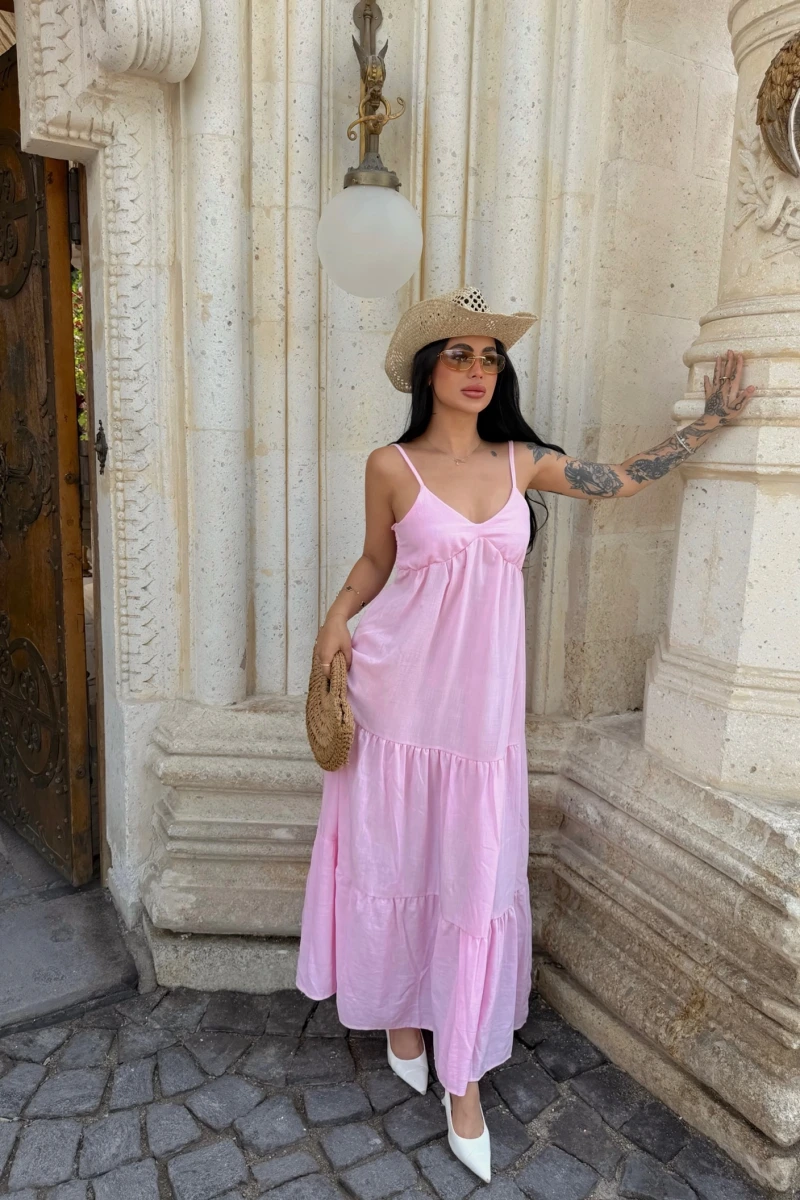 Pembe Bohem Maxi Katlı Elbise