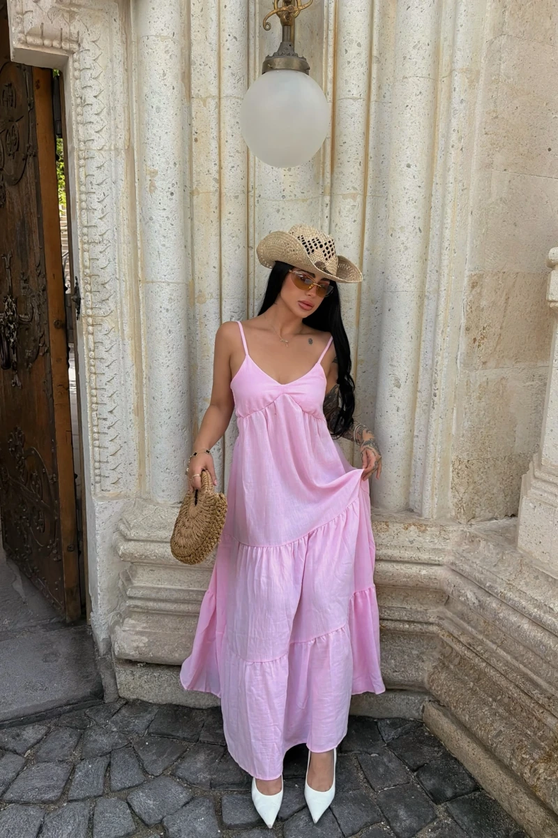 Pembe Bohem Maxi Katlı Elbise