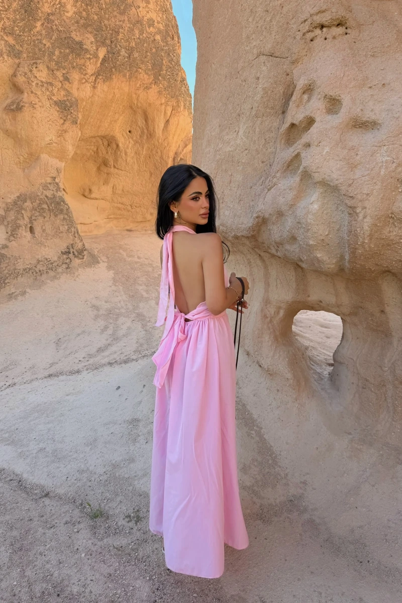 Pembe Boyundan Bağlamalı Poplin Elbise
