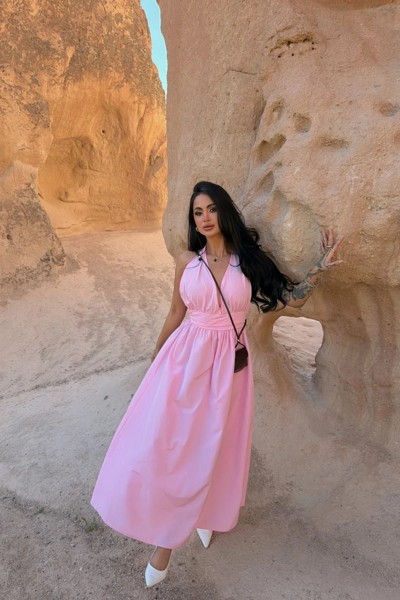Pembe Boyundan Bağlamalı Poplin Elbise