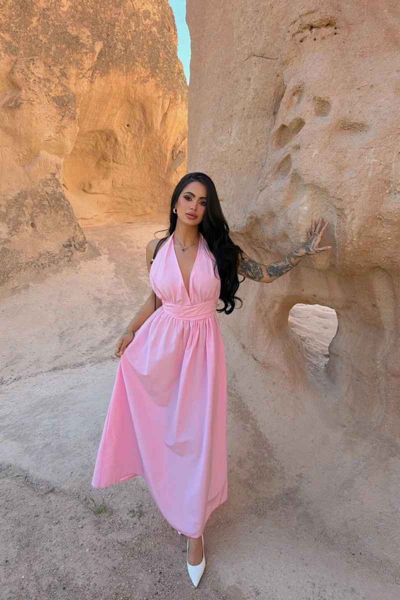 Pembe Boyundan Bağlamalı Poplin Elbise