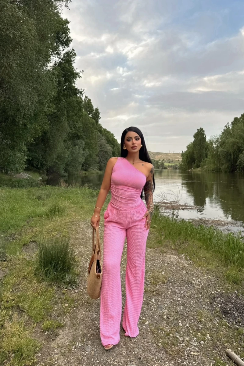 Pembe Gofre Tek Omuz İkili Takım