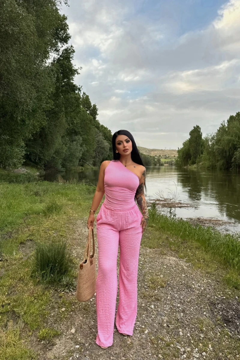 Pembe Gofre Tek Omuz İkili Takım