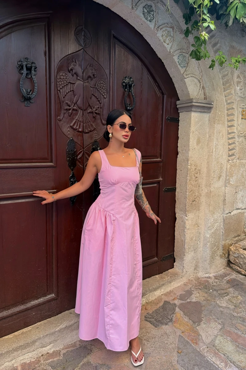 Pembe Kare Yaka Poplin Elbise