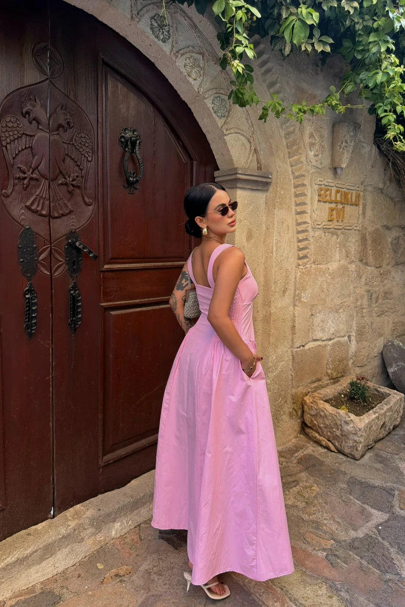 Pembe Kare Yaka Poplin Elbise