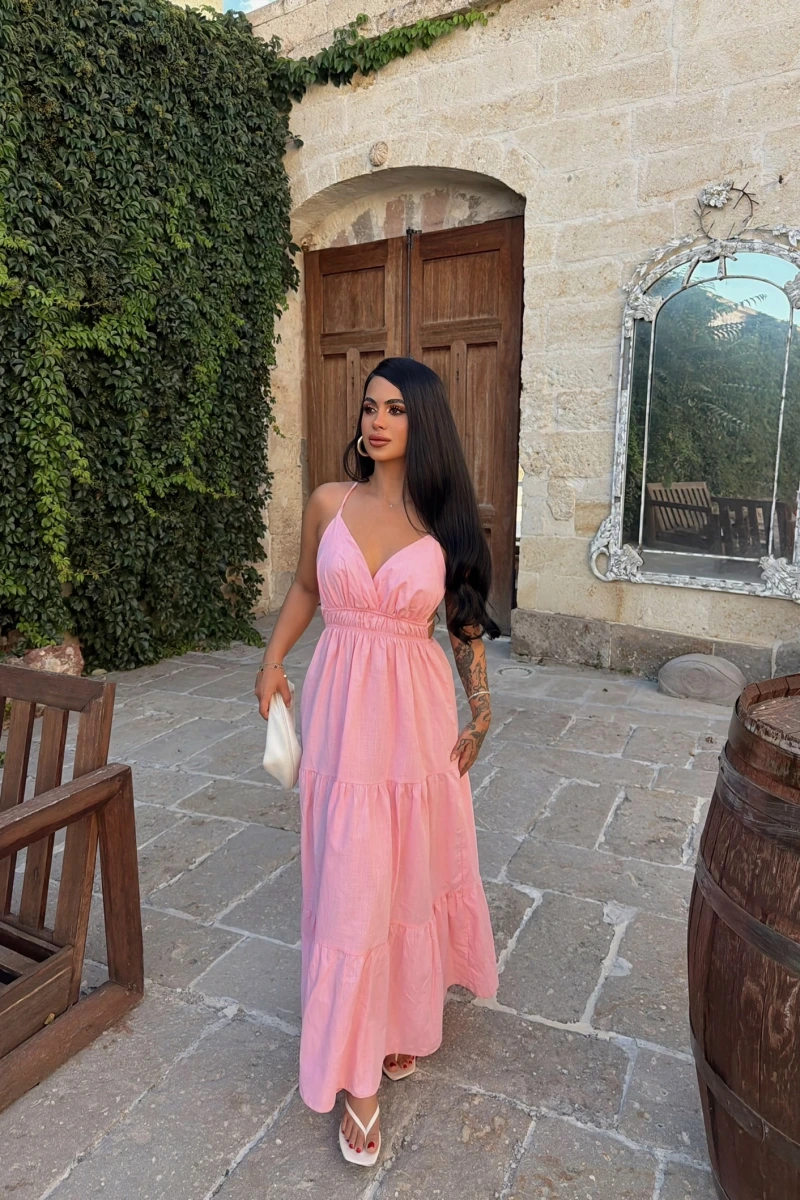 Pembe Mirelle Askılı Keten Elbise