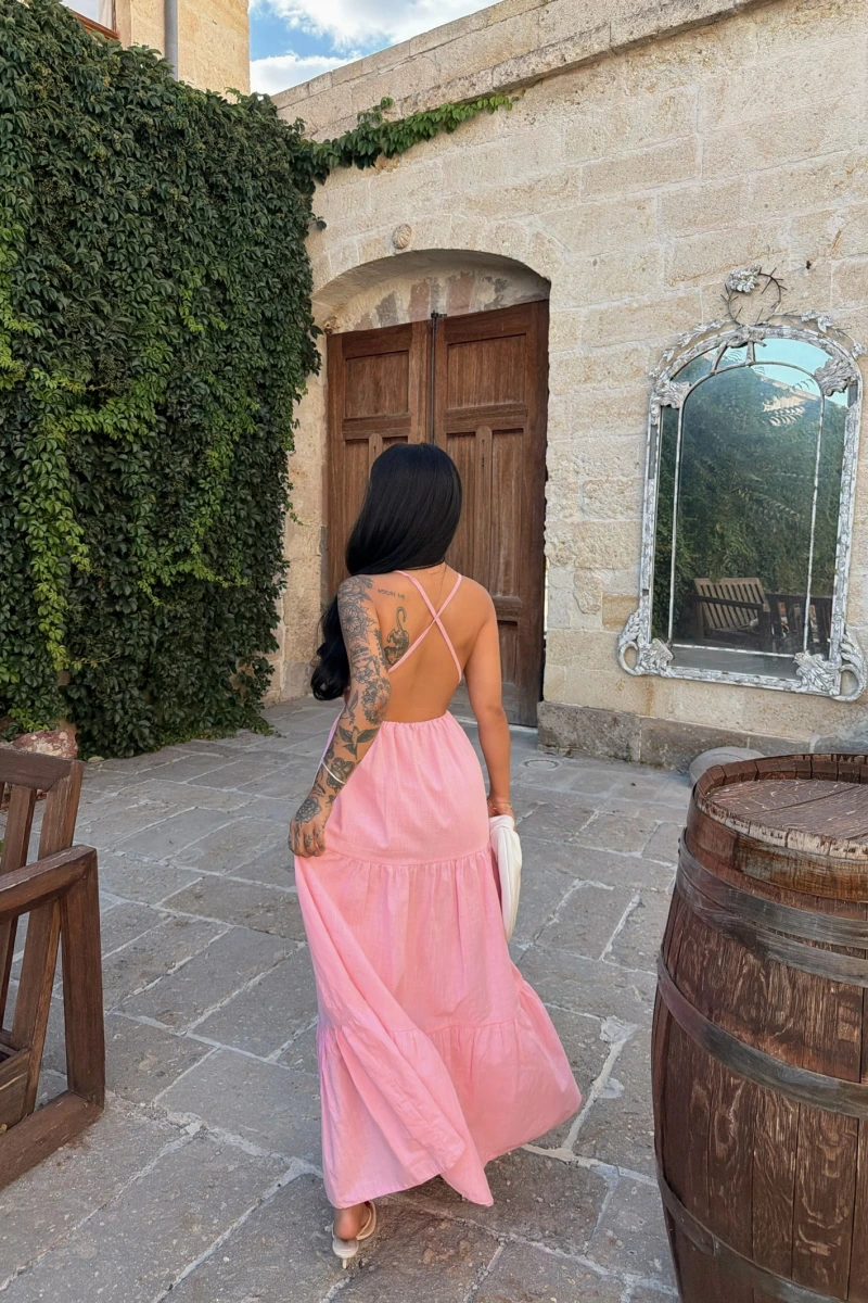 Pembe Mirelle Askılı Keten Elbise