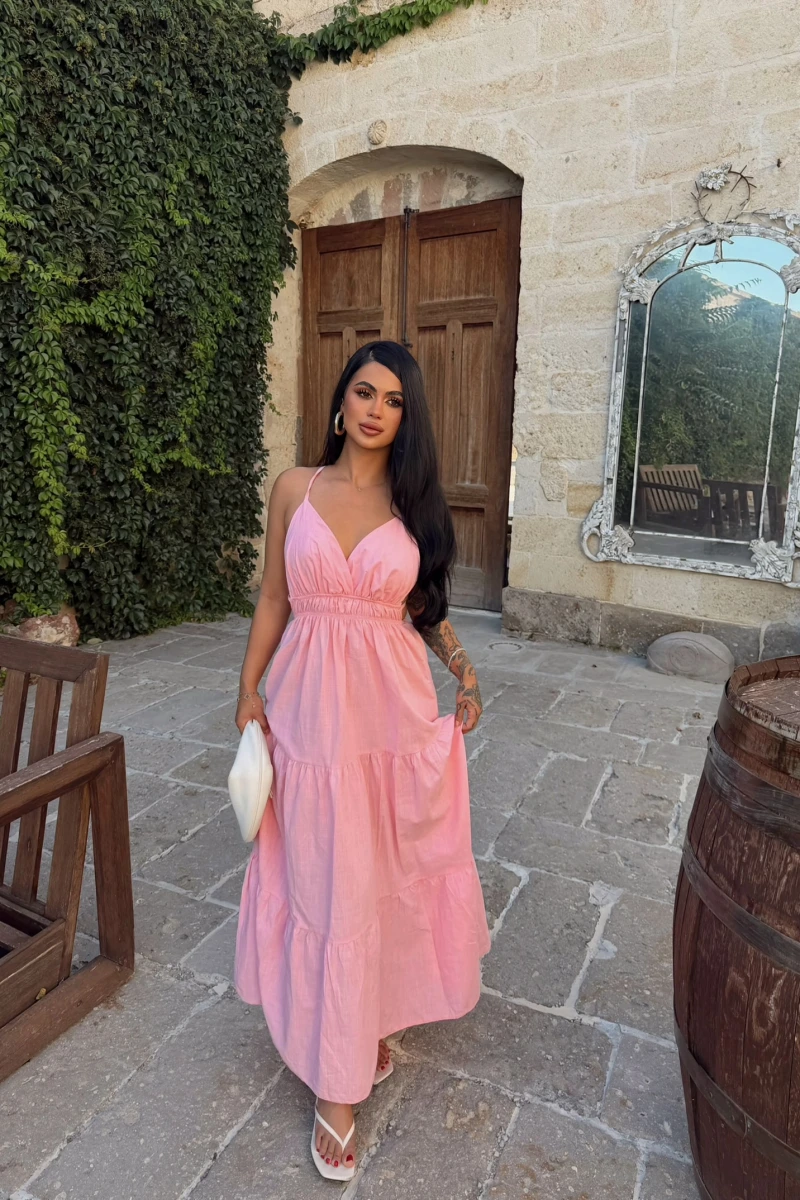 Pembe Mirelle Askılı Keten Elbise