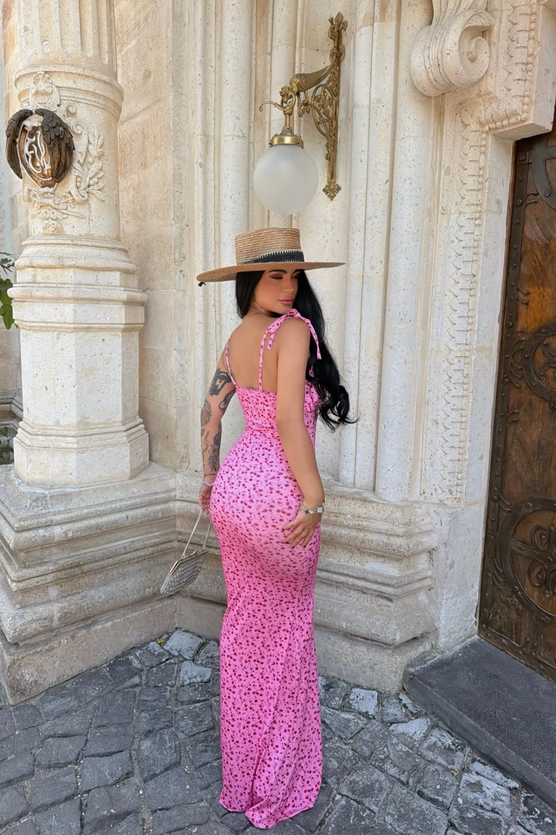 Pembe Omuz Bağcıklı Maxi Elbise