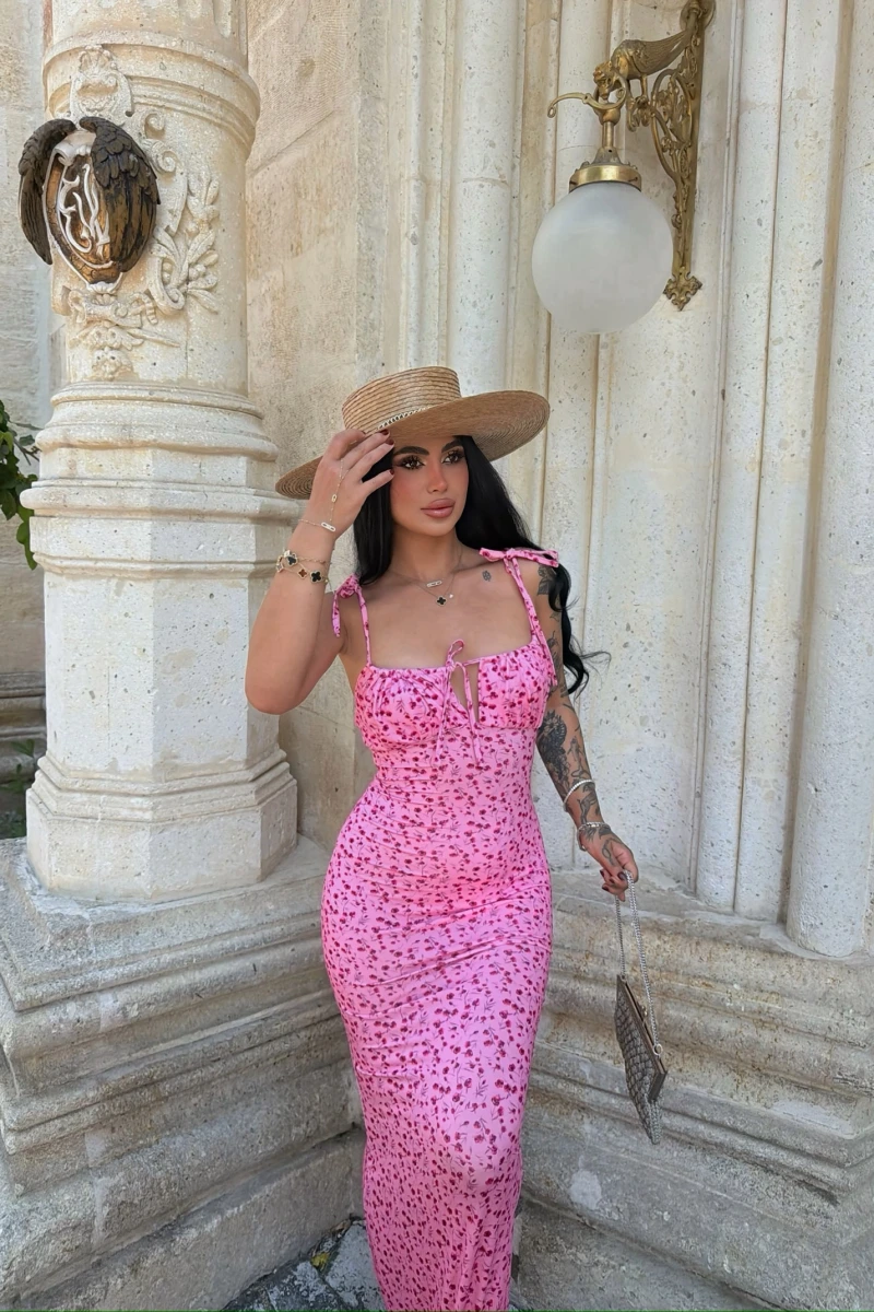 Pembe Omuz Bağcıklı Maxi Elbise