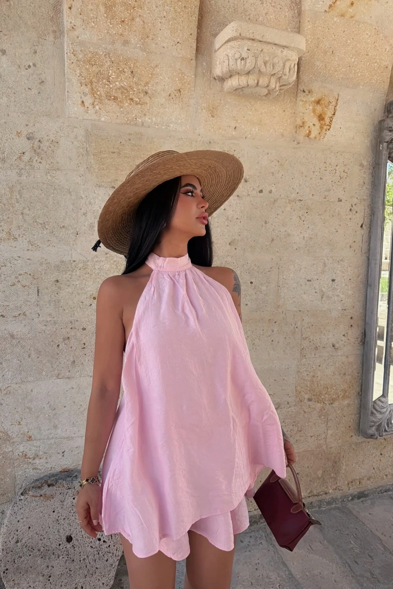 Pembe Sırt Açık Etekli Çilek Takım
