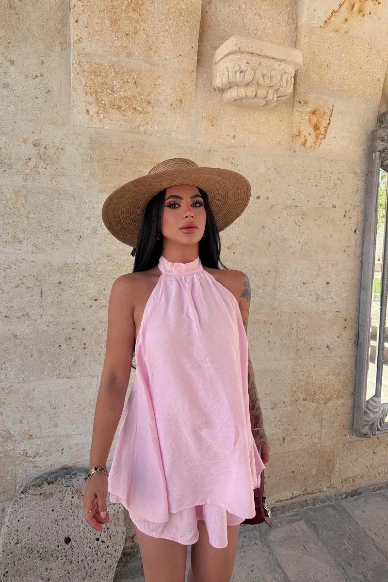Pembe Sırt Açık Etekli Çilek Takım