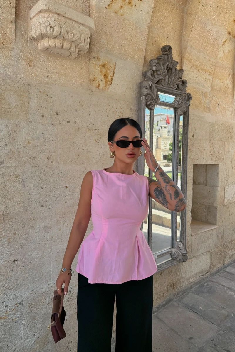 Pembe Sırt Bağcıklı Poplin Bluz