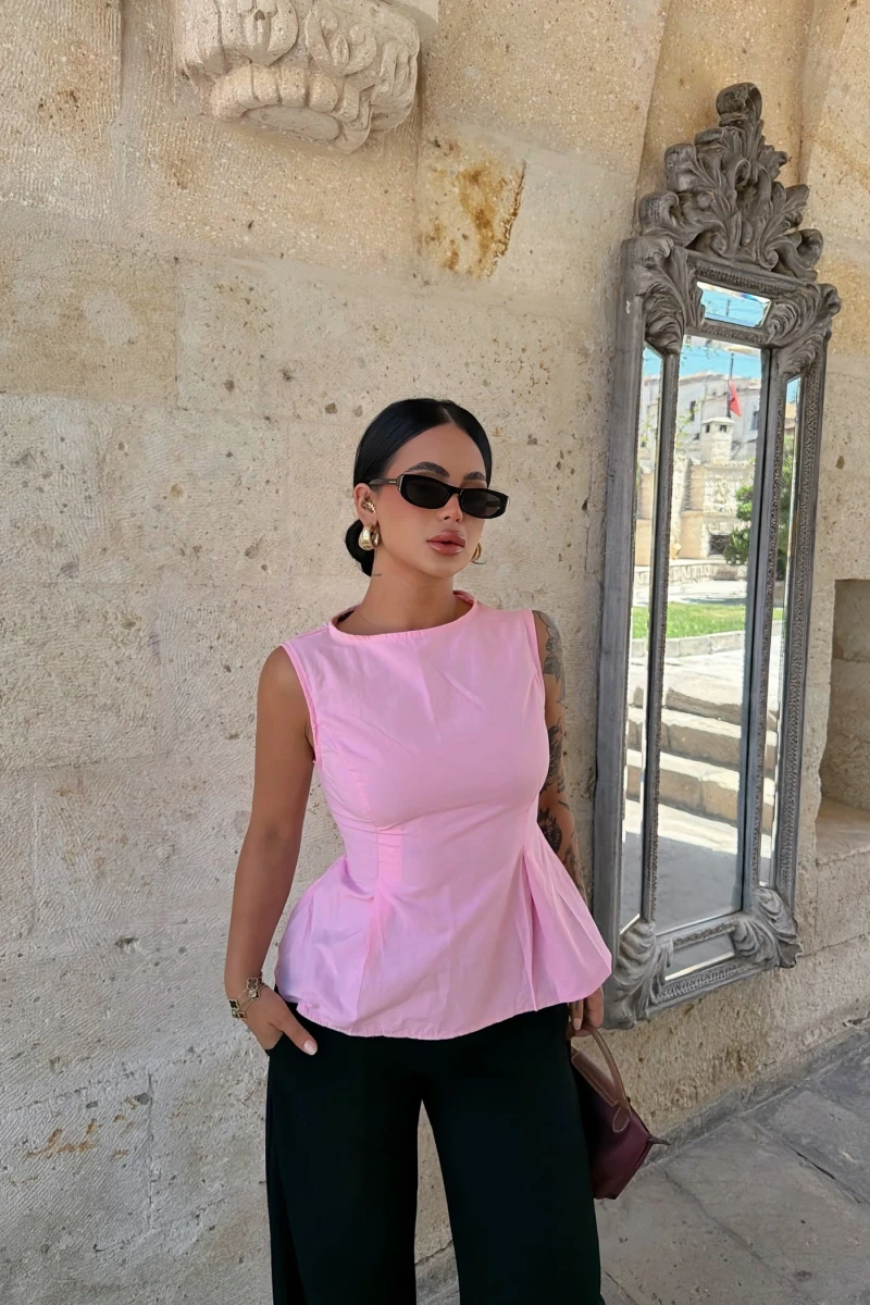 Pembe Sırt Bağcıklı Poplin Bluz