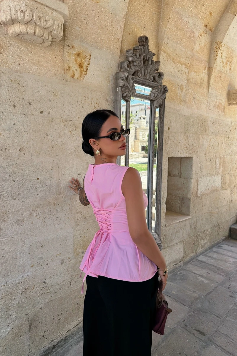 Pembe Sırt Bağcıklı Poplin Bluz