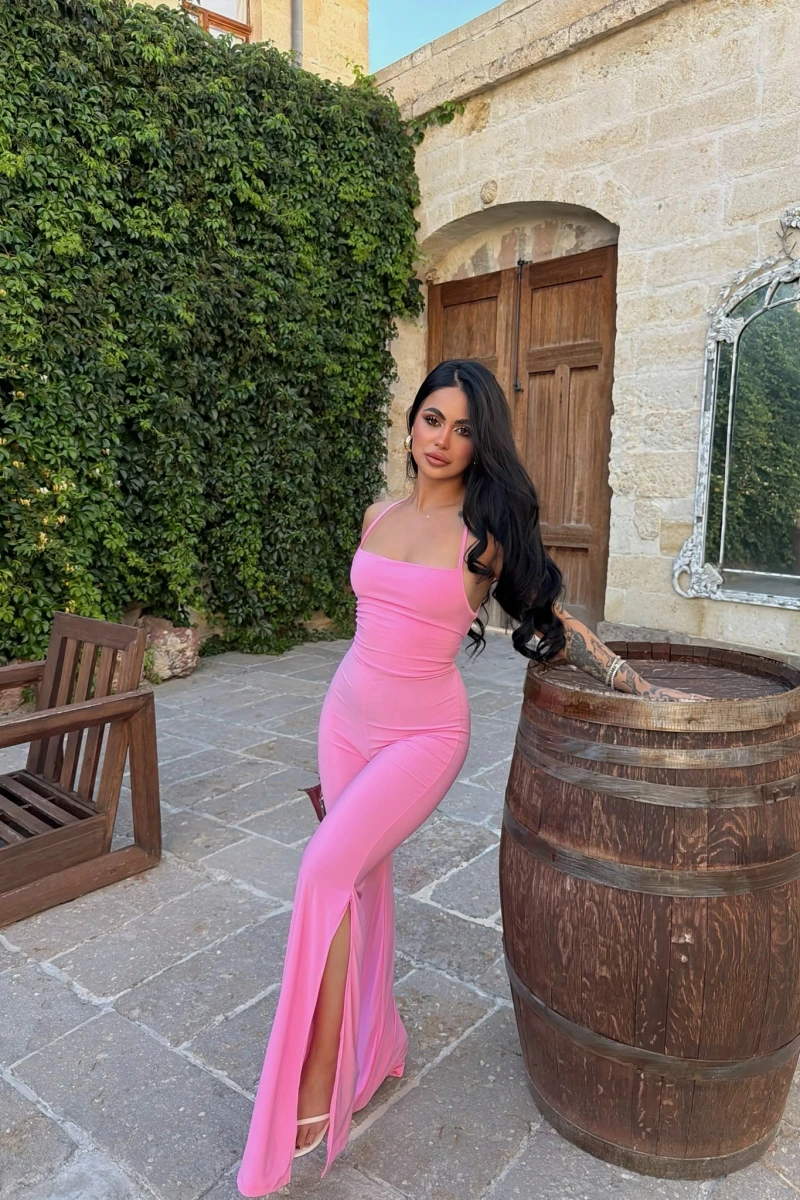 Pembe Sırt İpli Yırtmaçlı Tulum