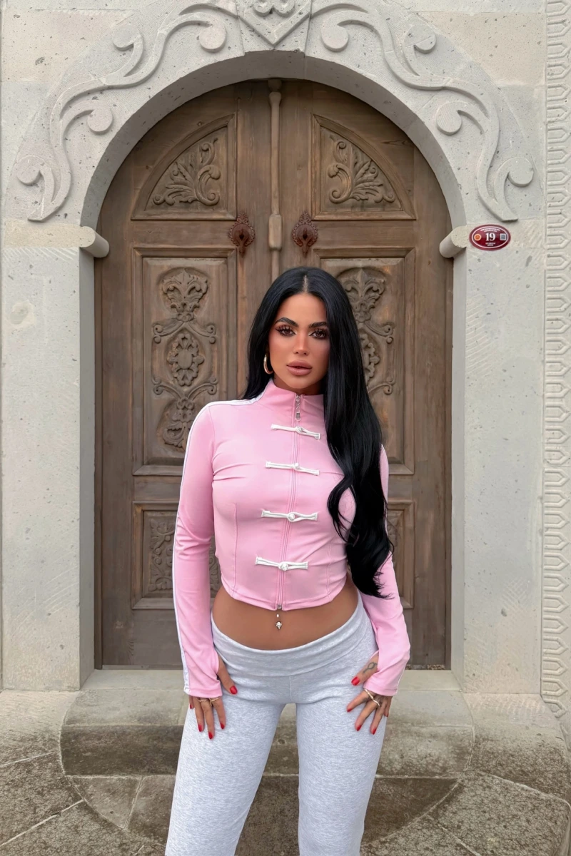 Pembe Tokyo Şeritli Crop