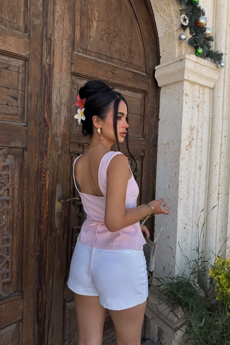 Pudra Aksesuarlı Dokuma Bluz