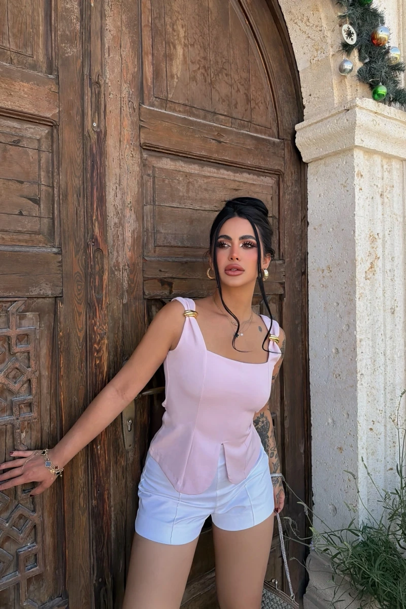 Pudra Aksesuarlı Dokuma Bluz