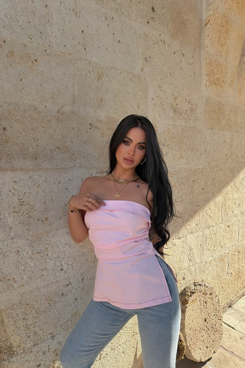 Pudra Çift Yırtmaçlı Denim Straplez