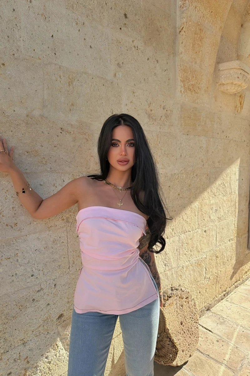 Pudra Çift Yırtmaçlı Denim Straplez