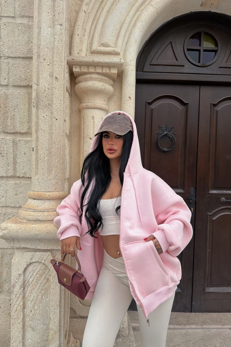 Pudra İçi Şardonlu Oversize Kapşonlu Hırka